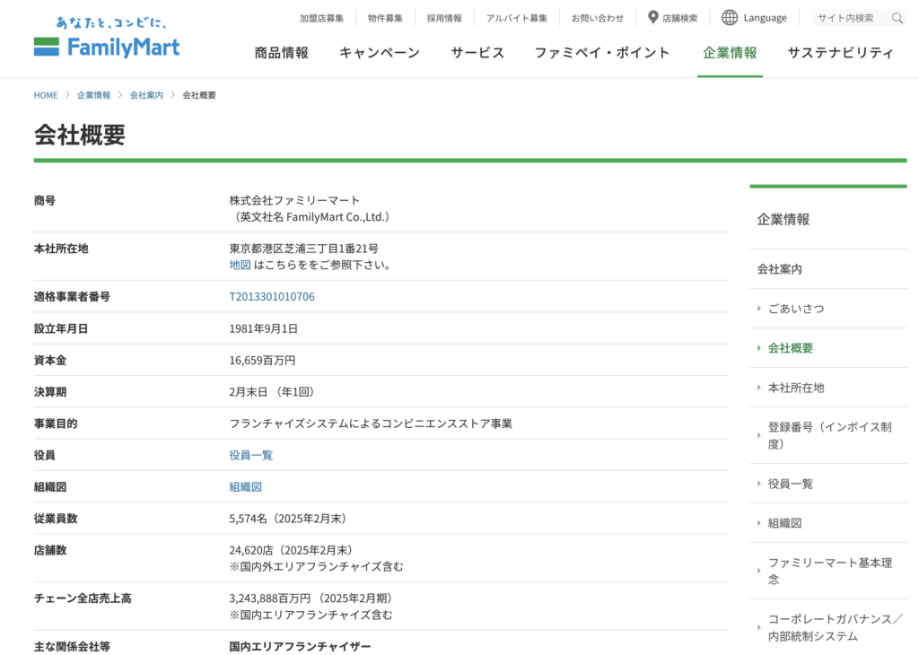 Family mart's company page in Japanese