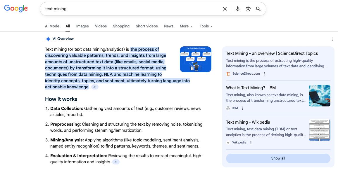 Screenshot of Google search for the query "text mining"