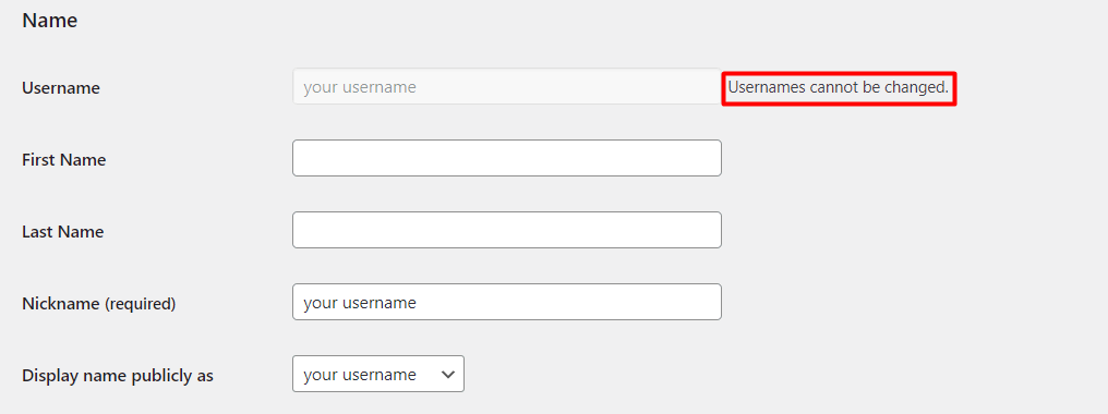 WordPress edit username screenshot